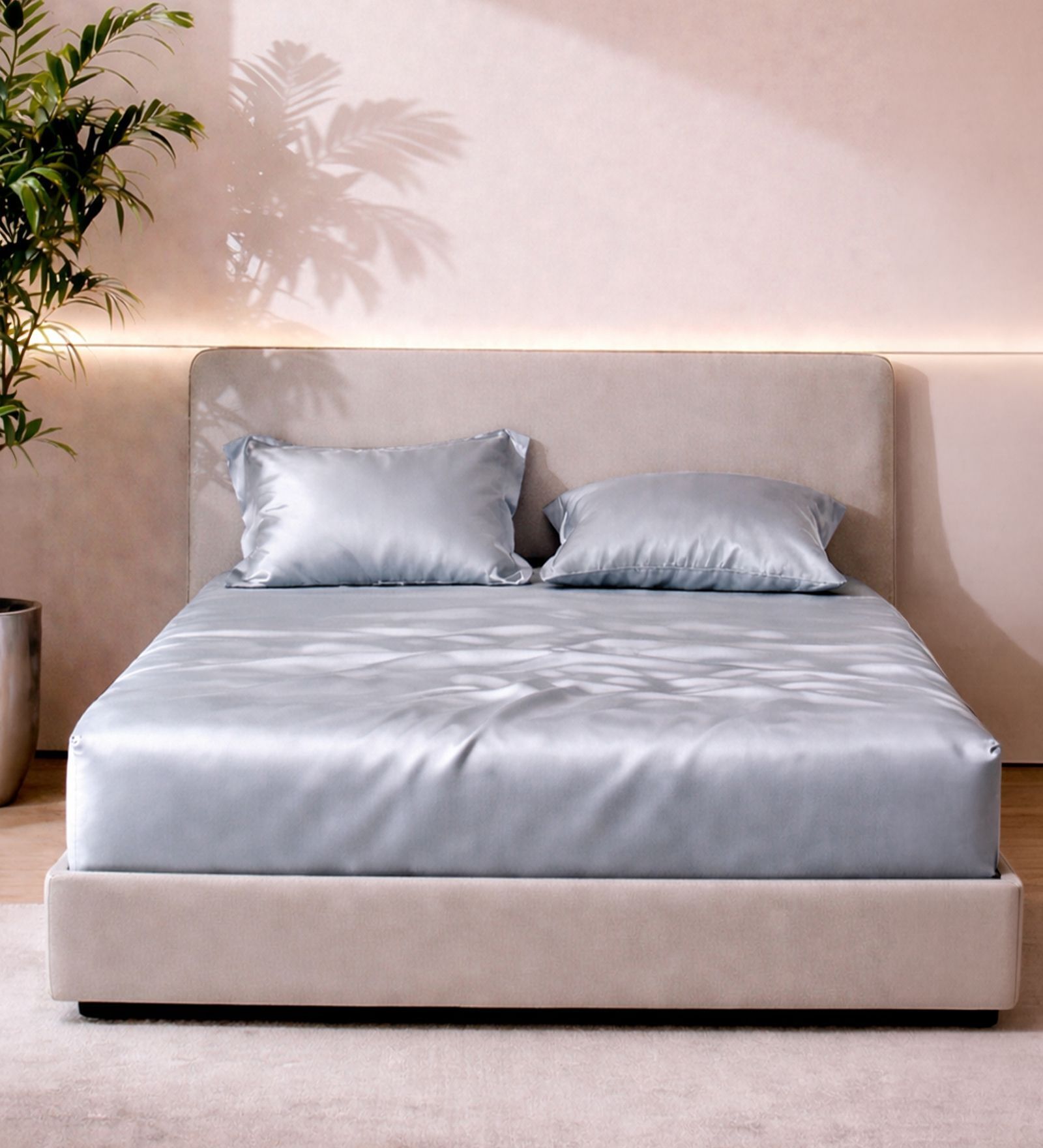 Steel Blue Faux Silk Solid King Size Bedsheet with 2 Pillow Covers